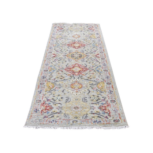 THE SUNSET ROSETTES Pure Silk and Wool Runner Hand-Knotted Oriental Rug