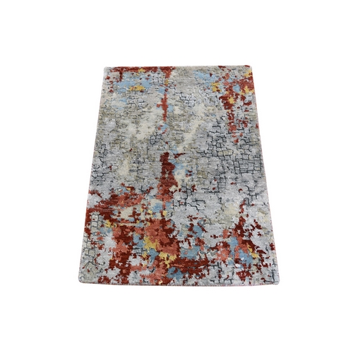 Gray Mosaic Design Wool And Silk Hand-Knotted Oriental Rug Sample Gray Mosaic Design Wool And Silk Hand-Knotted Oriental Rug Sample