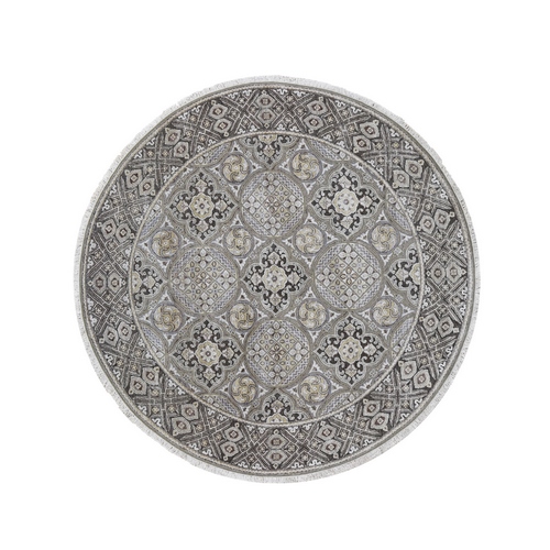 Textured Wool and Silk Mughal Inspired Medallions Design Round Hand-Knotted Oriental Rug