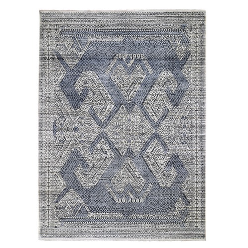 Hand Knotted Tone on Tone Light Blue Pure Silk and Textured Pile with Geometric Motif Oriental 