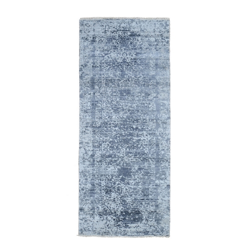 Hand-Knotted Broken Persian Design Wool And Pure Silk Grey Oriental Runner Rug