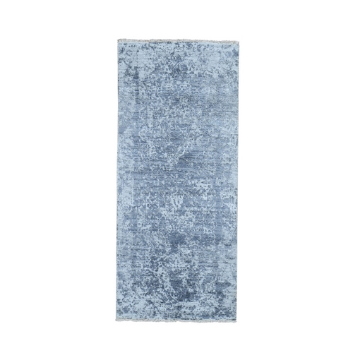 Silver-Dark Gray Erased Persian Design Wool and Pure Silk Hand Knotted Runner Oriental Rug Silver-Dark Gray Erased Persian Design Wool and Pure Silk Hand Knotted Runner Oriental Rug