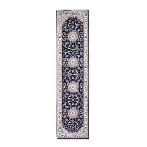 Navy Blue Runner Nain Wool And Silk 250 KPSI Hand Knotted Oriental Rug Navy Blue Runner Nain Wool And Silk 250 KPSI Hand Knotted Oriental Rug