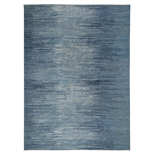 Zero Pile Pure Wool Blue Oceanic Horizontal Ombre Design Hand Knotted Oriental Rug