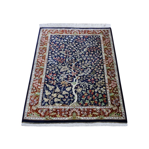 Navy Blue Pure Silk Persian Qum Signed 600 KPSI Tree Of Life Hand Knotted Oriental 