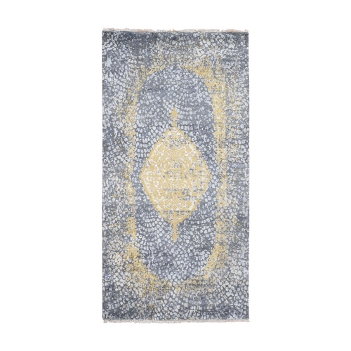 Gold Persian Design Wool And Pure Silk Runner Hand Knotted Oriental Rug Gold Persian Design Wool And Pure Silk Runner Hand Knotted Oriental Rug