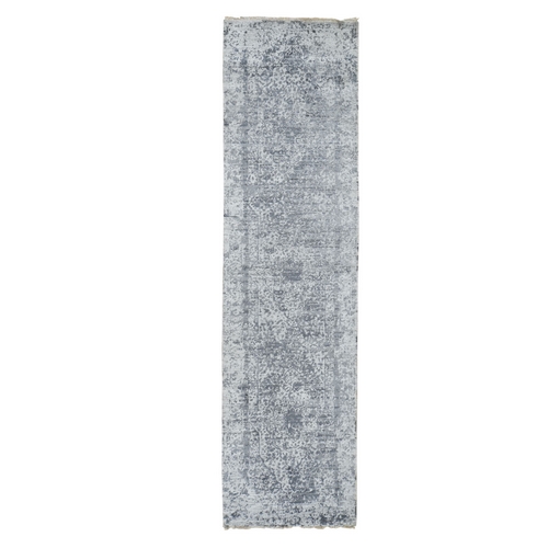 Silver-Dark Gray Erased Persian Design Runner Wool and Pure Silk Hand Knotted Oriental Rug 