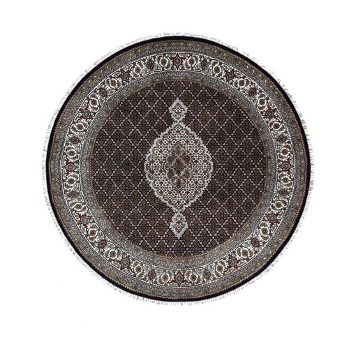 Round Black Tabriz Mahi Wool and Silk Hand Knotted Oriental 