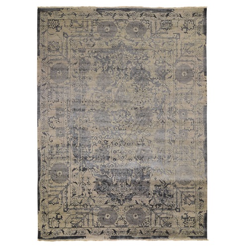 Gray Wool And Silk Transitional Erased Persian Design Hand Knotted Oriental 
