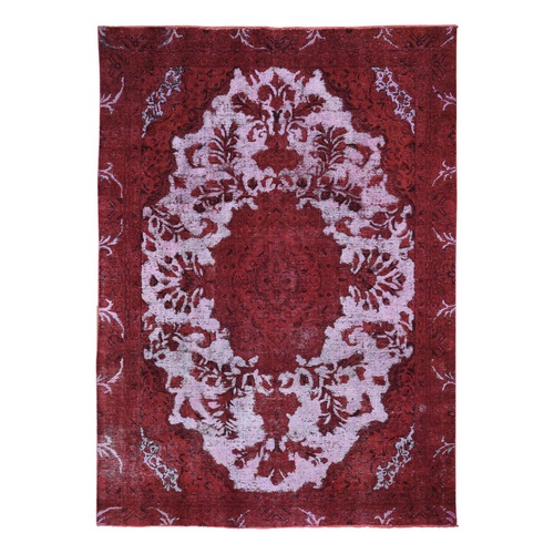 Hand Knotted Overdyed Red Persian Tabriz Barjasta Vintage 