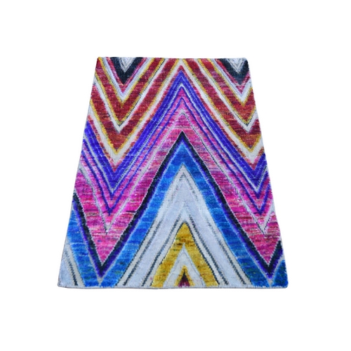 Chevron Design Sari Silk and Textured Wool Hand Knotted Oriental Rug Chevron Design Sari Silk and Textured Wool Hand Knotted Oriental Rug
