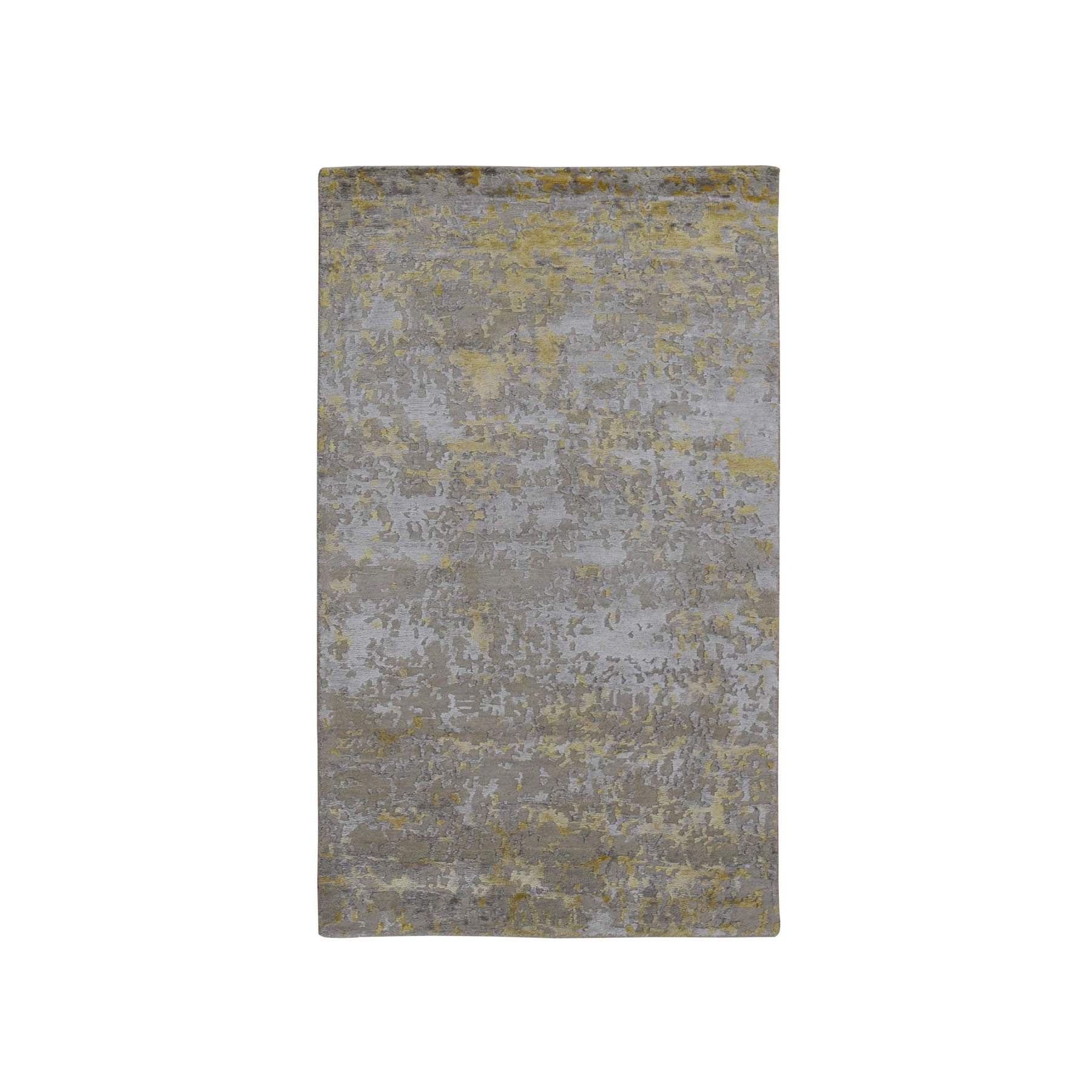 Gold Hi-Lo Pile Abstract Design Wool And Silk Hand Knotted Oriental Rug