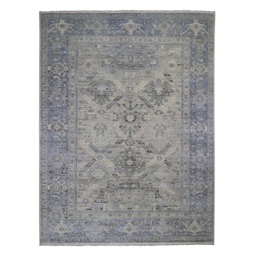 Hand Knotted Pure Silk And Textured Wool Oushak With Geometric Motif Oriental Rug