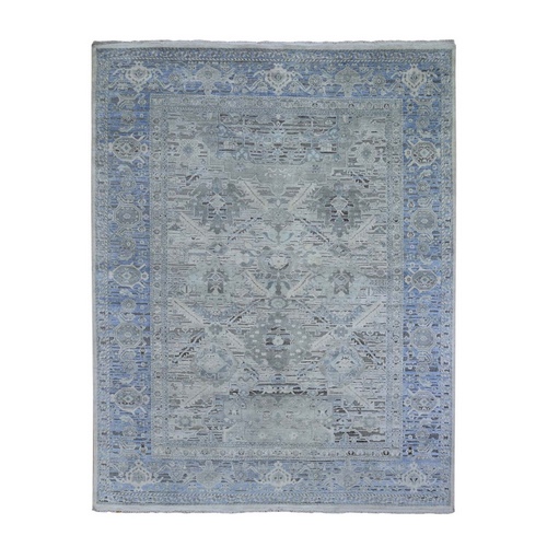 Hand Knotted Pure Silk and Textured Wool Oushak with Geometric Motif Oriental Rug