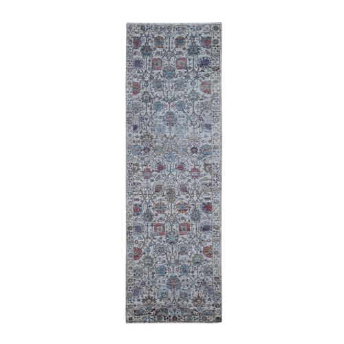 Ivory Silk With Textured Wool Tabriz Hand Knotted Runner Oriental Rug Ivory Silk With Textured Wool Tabriz Hand Knotted Runner Oriental Rug