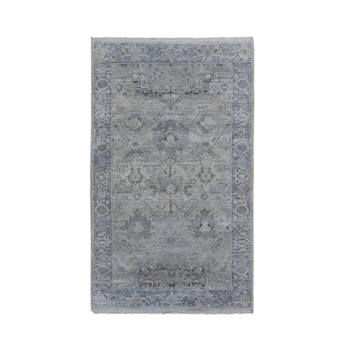 Gray Pure Silk With Textured Wool Distressed Hand Knotted Oriental Rug