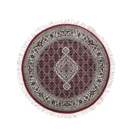 Round Red Tabriz Mahi Wool and Silk Hand Knotted Oriental Rug