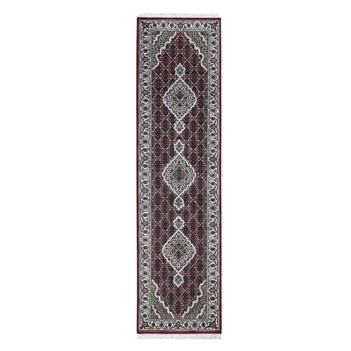 Red Tabriz Mahi Wool And Silk Runner Hand Knotted Oriental Rug