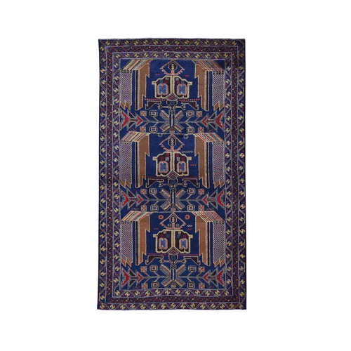 Navy Blue Afghan Baluch Geometric Design Wide Runner Pure Wool Oriental 
