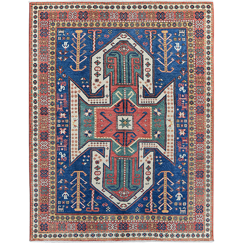 Imperial Blue, Swan Kazak with Small Animal Figurines, Hand Knotted, Soft and Velvety Wool, Denser Weave, Vegetable Dyes, Oriental 
