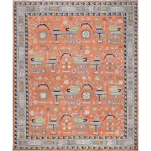 Burnt Orange, Classic Khotan and Samarkand Design with Alien Figurines, Hand Knotted, 100% Wool, Soft Pile, Densely Woven, Oversized, Oriental 