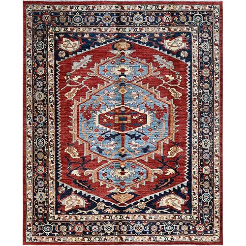 Scarlet Red, Peshawar Heriz with Antique Serapi Design, Hand Knotted, Shiny High Mountain Wool, Vegetable Dyes, Densely Woven, Soft Pile, Oriental 