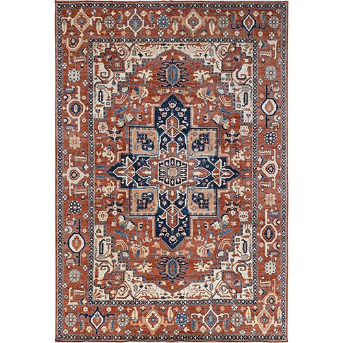 Coral Red, Peshawar Heriz with Antique Serapi Design, Hand Knotted, Shiny High Mountain Wool, Vegetable Dyes, Densely Woven, Soft Pile, Oriental 