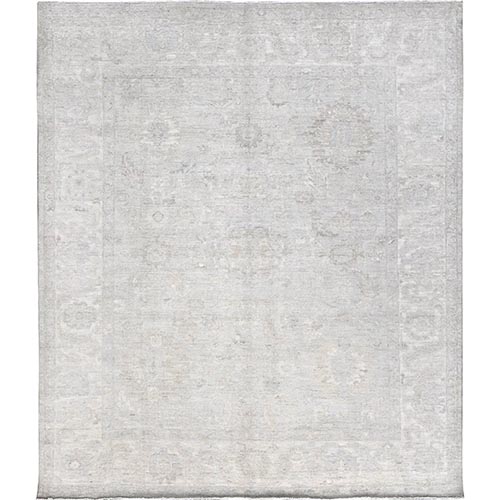 Cloud Gray, White Wash Peshawar with Large Leaf Design, Hand Knotted, 100% Wool, Densely Woven, Oriental 