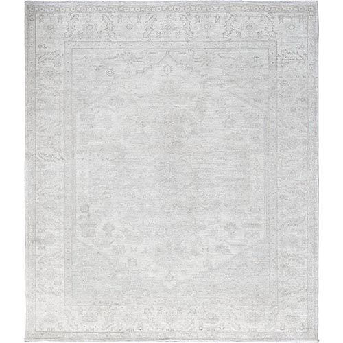 Bone White, Washed Out Peshawar with Heriz Design, Hand Knotted, Pure Wool, Densely Woven, Oriental 