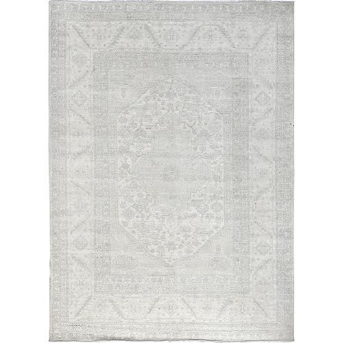 Pearl White, Washed Out Peshawar with Heriz Design, Densely Woven, 100% Wool, Hand Knotted, Oriental 