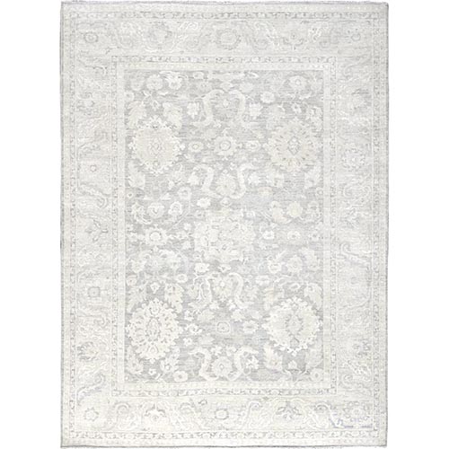 Medium Gray, White Wash Peshawar with Large Leaf Design, Hand Knotted, Pure Wool, Densely Woven, Oriental 