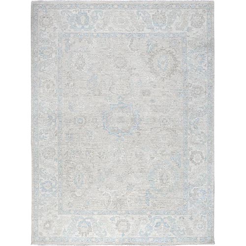 Bone White, Washed Out Peshawar with Muted Colors Leaf Design, Pure Wool, Hand Knotted, Densely Woven, Oriental 