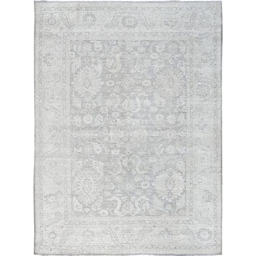 Charcoal Gray, White Wash Peshawar with Large Leaf Design, 100% Wool, Hand Knotted, Densely Woven, Oriental 