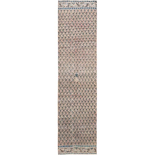 Peach Color, Vintage Persian Tabriz with All Over Repetitive Intricate Paisley Design, Shaved Down, Zero Pile, Sides and Ends Professionally Secured, Hand Knotted, Pure Wool, Fragment, Narrow Runner, Oriental 