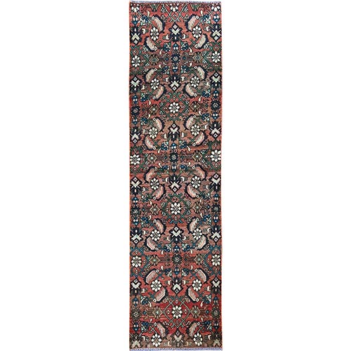 Blush Red, Vintage Persian Hamadan with Distinct Abrash, Fish All Over Design, Cropped Thin, Zero Pile, Sides and Ends Professionally Secured, Hand Knotted, Pure Wool, Narrow Runner, Oriental 