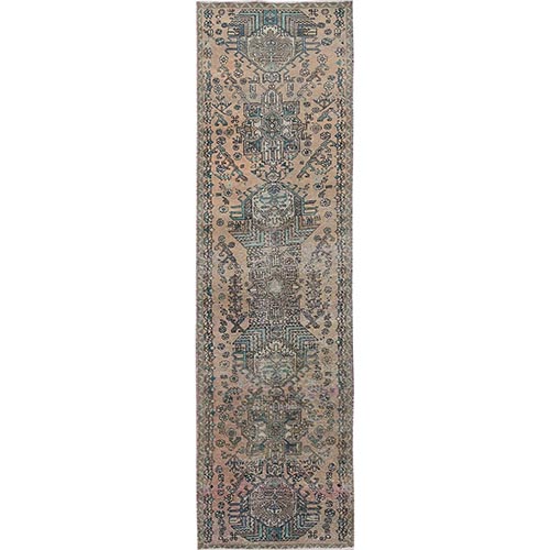 Dark Vanilla Brown, Tea Washed, Vintage Persian Karajeh, Sheared Low, Zero Pile, Sides and Ends Professionally Secured, Hand Knotted, Pure Wool, Narrow Runner, Oriental 