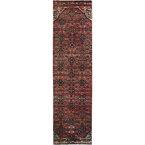 Brick Red, Vintage Persian Hamadan with Distinct Abrash, Fish All Over Design, Stone Washed, Cropped Thin, Zero Pile, Sides and Ends Professionally Secured, Hand Knotted, Pure Wool, Narrow Runner, Oriental 
