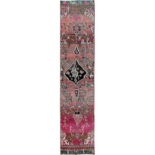 Coral Red, Vintage Persian Hamadan with Artistic Design, Distinct Abrash, Cropped Thin, Zero Pile, Sides and Ends Professionally Secured, Even Wear, Hand Knotted, Pure Wool, Fragment, Narrow Runner, Oriental 