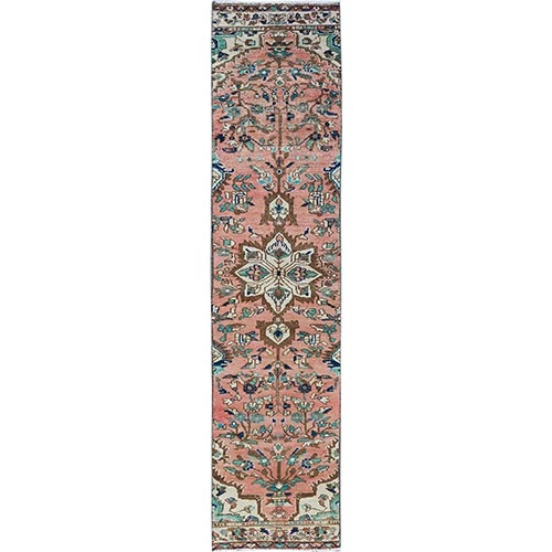 Salmon Pink, Vintage Persian Heriz, Hand Knotted, 100% Wool, Sheared Low, Zero Pile, Good Condition, Sides and Ends Professionally Secured, Fragment, Narrow Runner, Oriental 