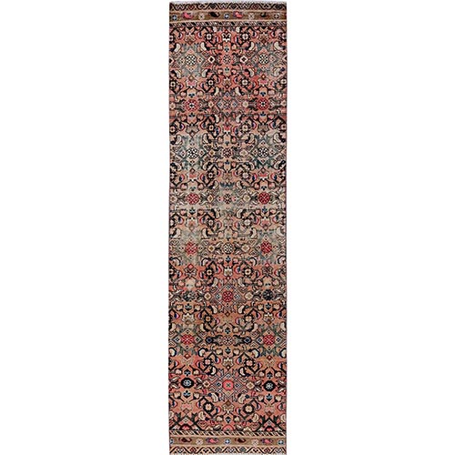 Salmon Pink, Vintage Persian Hamadan with All Over Fish Mahi Design, Distressed and Worn, Cropped Thin, Zero Pile, Sides and Ends Professionally Secured, Hand Knotted, 100% Wool, Fragment, Narrow Runner, Oriental 
