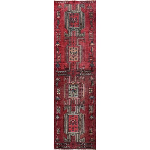Cherry Red, Vintage Persian Hamadan with Distinct Abrash, Cropped Thin, Zero Pile, Sides and Ends Professionally Secured, Even Wear, Hand Knotted, Pure Wool, Narrow Runner, Oriental 