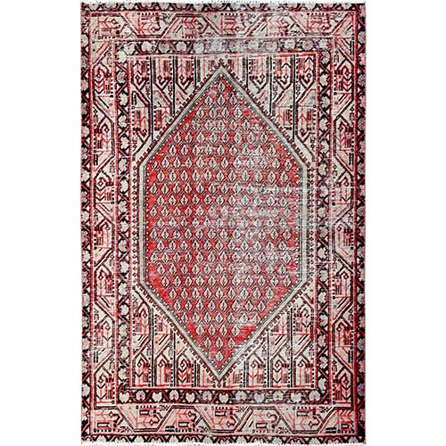 Ajax Red, Vintage Persian Sarouk Mir with Small Repetitive Boteh Design, Worn and Distressed, Shaved Down, Zero Pile, Sides and Ends Professionally Secured, Hand Knotted, 100% Wool, Oriental 