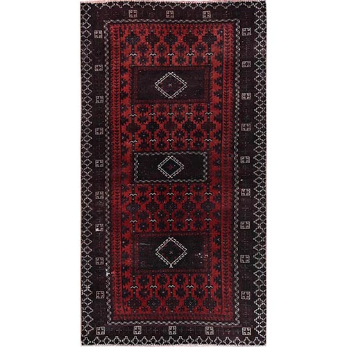 Carmine Red, Vintage Persian Baluch with Geometric Pattern, Sheared Low, Zero Pile, Sides and Ends Professionally Secured, Clean, Hand Knotted, 100% Wool, Wide Runner, Oriental 