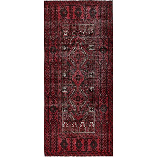 Scarlet Red, Vintage Persian Baluch with Geometric Pattern, Shaved Low, Zero Pile, Worn and Distressed, Sides and Ends Professionally Secured, Hand Knotted, 100% Wool, Wide Runner, Oriental 