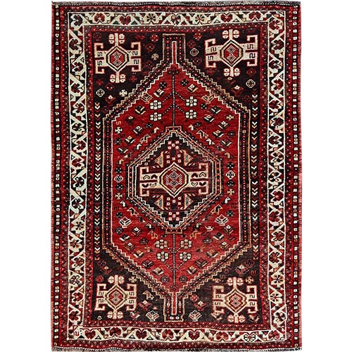Crimson Red, Vintage Persian Shiraz with Small Animal Figurines, Geometric Medallion Design, Shaved Down, Zero Pile, Sides and Ends Professionally Secured, Clean, Hand Knotted, 100% Wool, Oriental 