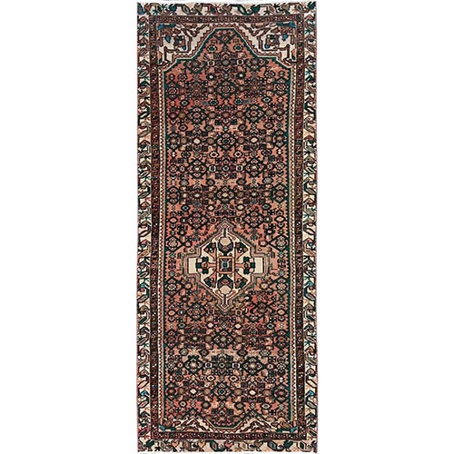 Salmon Color, Vintage Persian Hamadan with Fish Repetitive Intricate Geometric Design, Shaved Down, Zero Pile, Sides and Ends Professionally Secured, Hand Knotted, Pure Wool, Runner, Oriental 