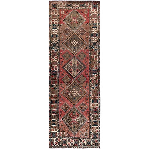Blush Red with Army Green, Vintage Persian Bakhtiar, Geometric Design, Distinct Abrash, Shaved Down, Zero Pile, Sides and Ends Professionally Secured, Clean, Hand Knotted, Pure Wool, Wide Runner, Oriental 