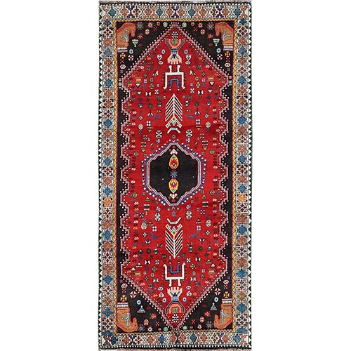 Crimson Red, Vintage Persian Shiraz with Geometric Pattern, Small Animal Figurines, Shaved Low, Zero Pile, Sides and Ends Professionally Secured, Clean, Hand Knotted, Pure Wool, Wide Runner, Oriental 