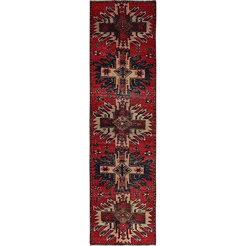 Scarlet Red, Vintage Persian Karajeh with Geometric Medallions, Sheared Low, Zero Pile, Evenly Worn, Sides and Ends Professionally Secured, Clean, Hand Knotted, Pure Wool, Narrow Runner, Oriental 