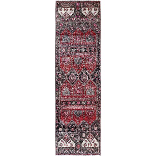 Ruby Red, Overdyed Vintage Northwest Persian, Distressed, Shaved Down, Zero Pile, Sides and Ends Professionally Secured, Hand Knotted, Pure Wool, Runner, Oriental 